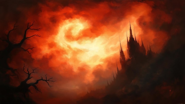 Photo silhouetted castle against a fiery apocalyptic sky halloween