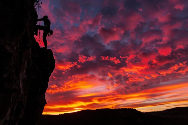 Photo silhouetted climber scaling rock face at sunset