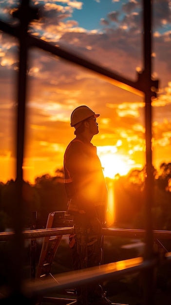 Photo silhouetted construction worker against dramatic sunset with golden glow ideal for stock amp promo u