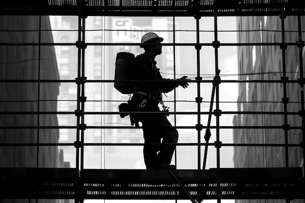 Photo silhouetted construction worker on scaffold in moody monochrome