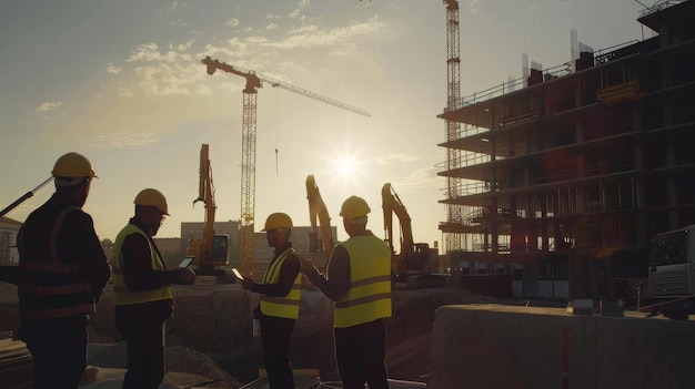 Silhouetted construction workers with helmets at a building site during sunset