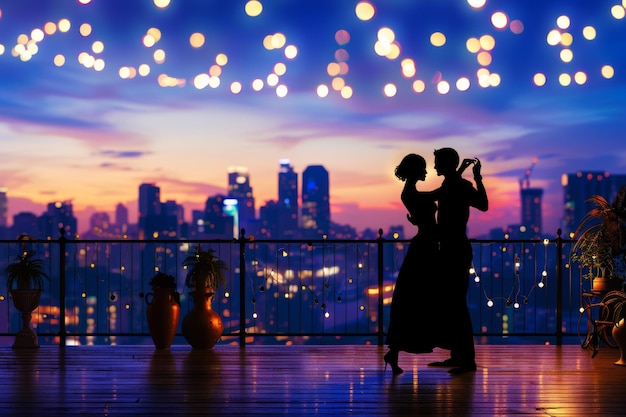 A silhouetted couple dances romantically on a terrace adorned with string lights against a twilight cityscape backdrop