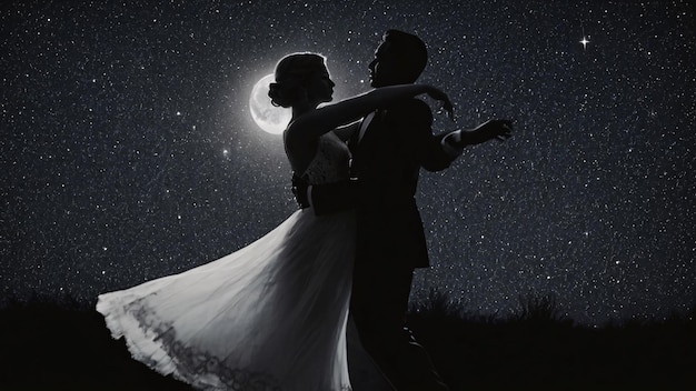 Silhouetted couple dancing under starry sky