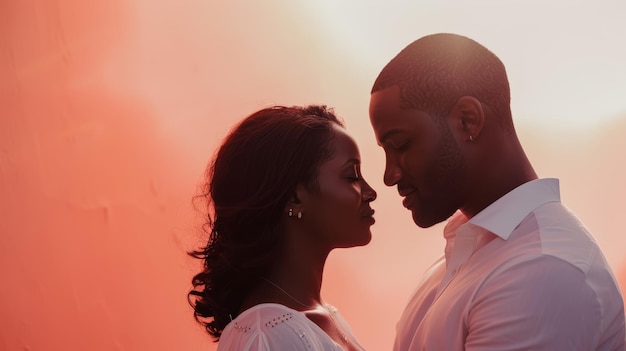 Silhouetted couple facing each other with sunset backlighting Love and relationship concept