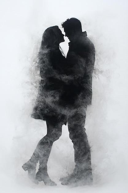 Silhouetted Couple in a Misty Embrace