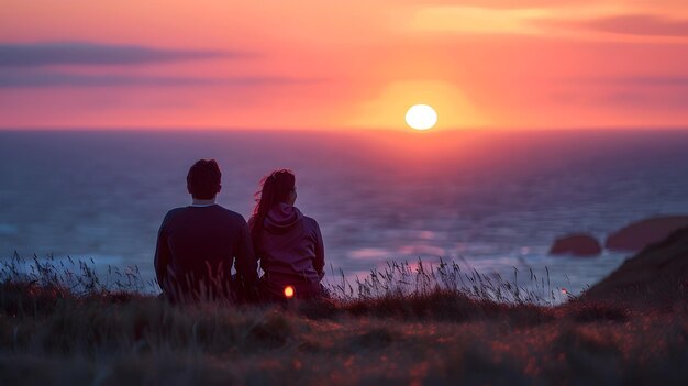 Photo silhouetted couple observing serene pastel sunset over picturesque coastal landscape