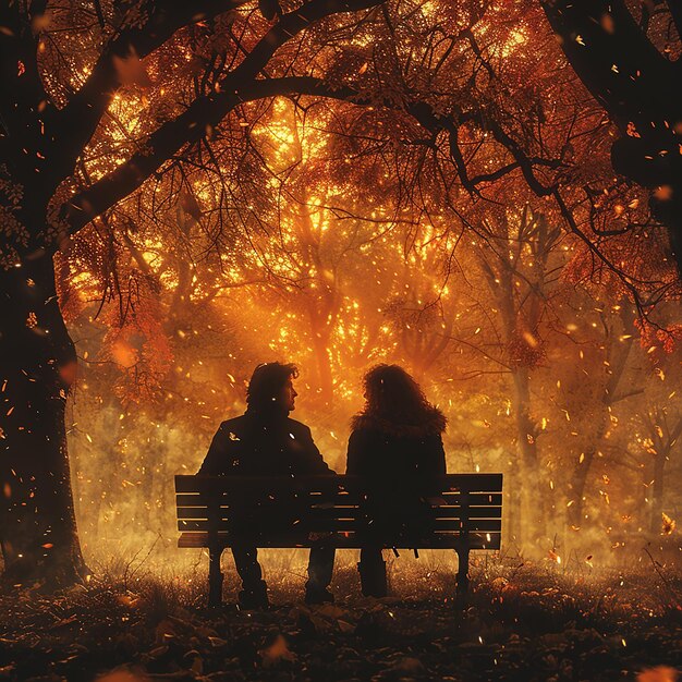 Silhouetted couple sit on bench under autumn tree