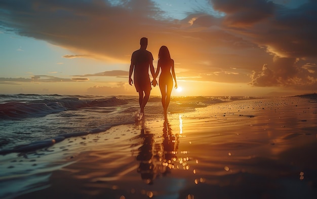 Silhouetted Couple Walking HandinHand on a Golden Sandy Beach at Sunset