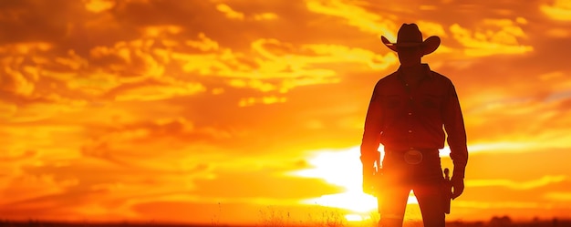 Silhouetted cowboy against vibrant sunset sky embodying western