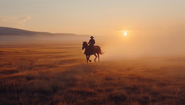 Photo silhouetted cowboy racing horse across open field at golden sunset western landscape