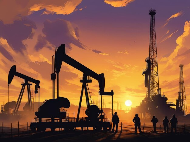 Silhouetted Engineers Sunset Oil Drilling Scene AI Generative