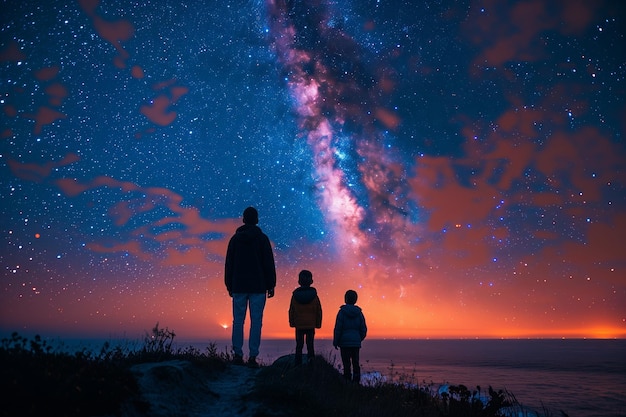 Photo silhouetted family gazing at the milky way during sunset