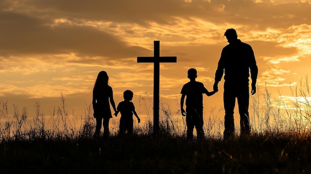 Photo silhouetted family standing before a cross at sunset