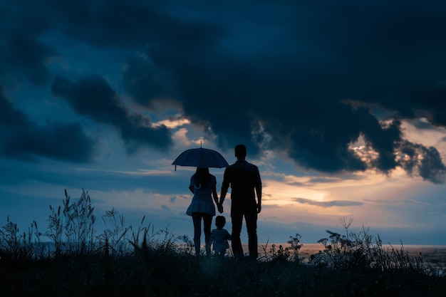 Photo silhouetted family watching sunset under stormy sky