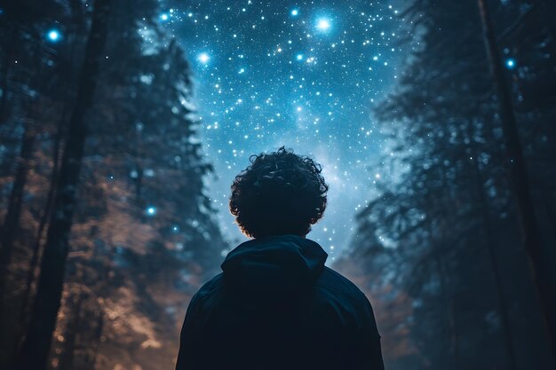 Photo silhouetted figure gazing at the starry night sky in a tranquil forest landscape