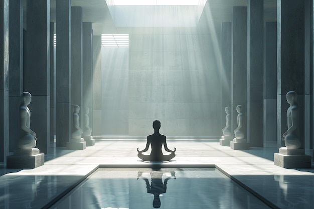 Silhouetted Figure Meditating in a Minimalist Room With Ancient Statues and Natural Light