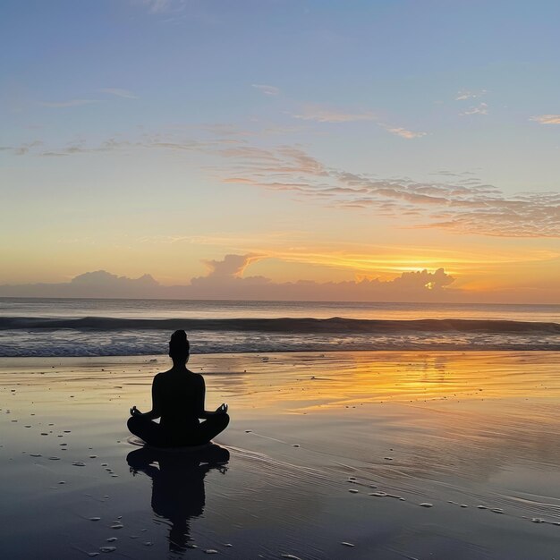 Photo silhouetted figure meditating on a sandy beach at sunrise