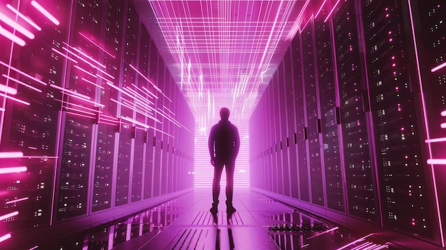 Photo silhouetted figure in a server room with neon lights