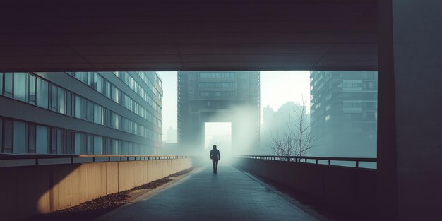 Photo silhouetted figure walking on a misty urban path