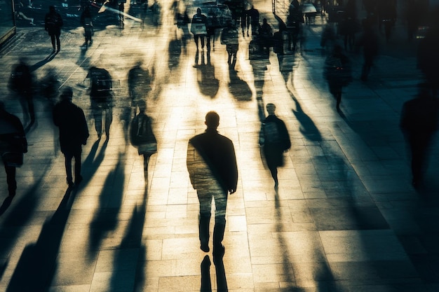 Silhouetted figure walks through cityscape illuminated by dramatic light and contrasting shadows