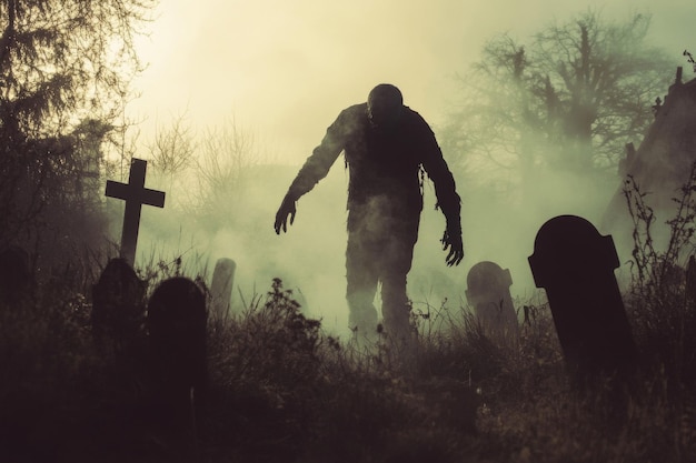 A Silhouetted Figure Walks Through a Foggy Graveyard