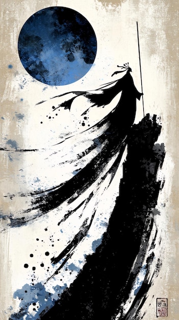 Silhouetted Figure with Blue Moon in Ink Wash Painting Style