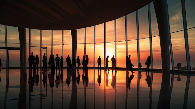 silhouetted figures in a contemporary structure at dusk