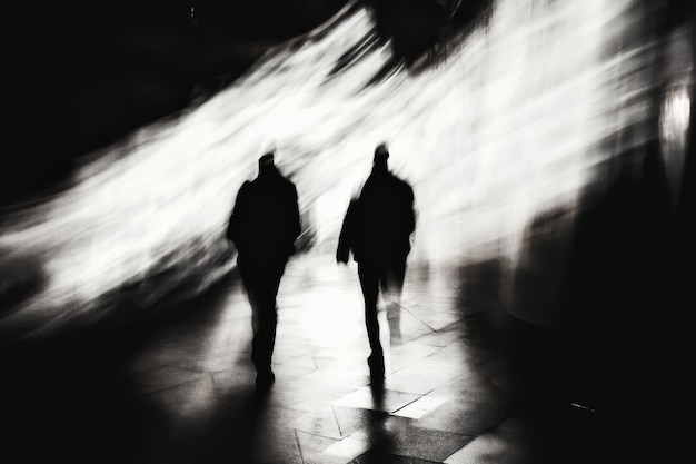 Photo silhouetted figures in motion against lightened background in black and white photography