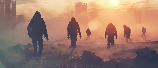 Silhouetted figures navigate through a foggy postapocalyptic cityscape at dawn with the sun39s rays piercing through the haze