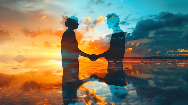 Silhouetted figures shaking hands against a vibrant colorful sunset reflecting agreement