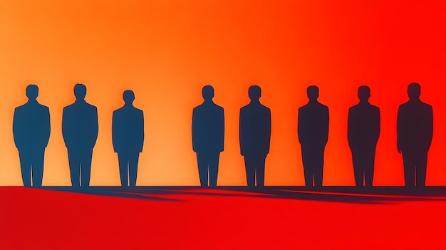 Photo silhouetted figures standing in orderly row against vibrant orangered background