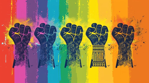 Silhouetted Fists on Vibrant Rainbow Canvas