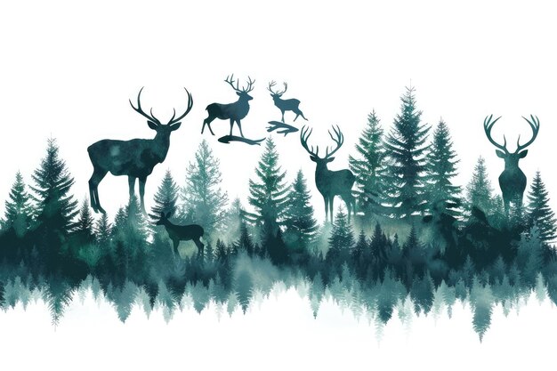 Photo silhouetted forest animals and misty trees in camping illustration