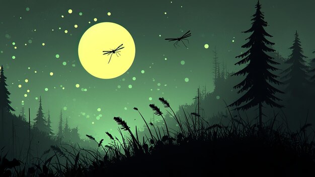 Photo silhouetted forest under a full moon with dragonflies