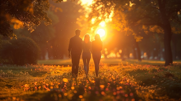 Silhouetted friends walking through park at sunset