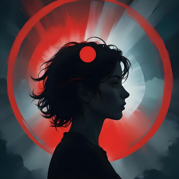 Silhouetted of girl women with red circle backdrop and dark wallpaper creative illustration