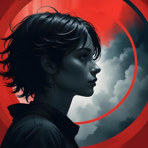 Silhouetted of girl women with red circle backdrop and dark wallpaper creative illustration