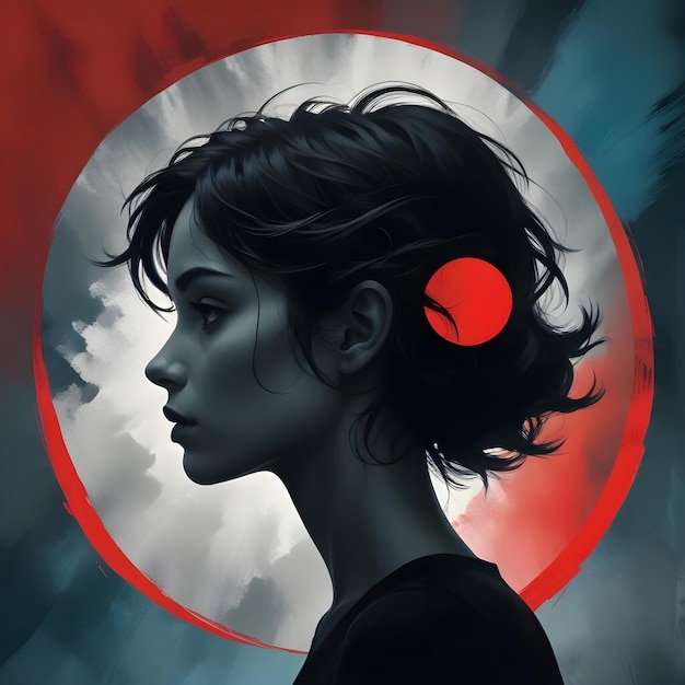 Silhouetted of girl women with red circle backdrop and dark wallpaper creative illustration