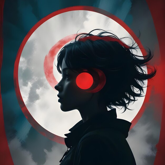 Silhouetted of girl women with red circle backdrop and dark wallpaper creative illustration