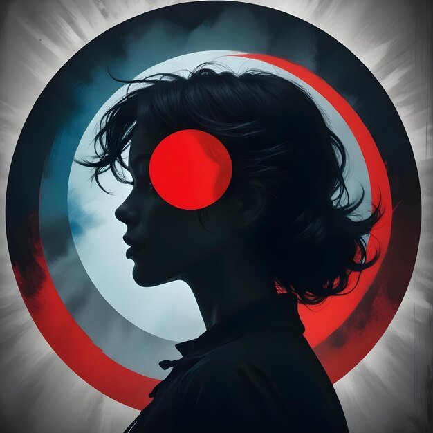 Silhouetted of girl women with red circle backdrop and dark wallpaper creative illustration