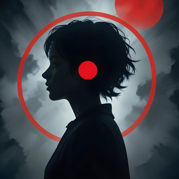 Silhouetted of girl women with red circle backdrop and dark wallpaper creative illustration