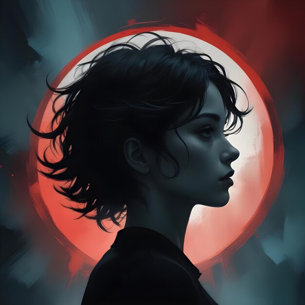 Silhouetted of girl women with red circle backdrop and dark wallpaper creative illustration