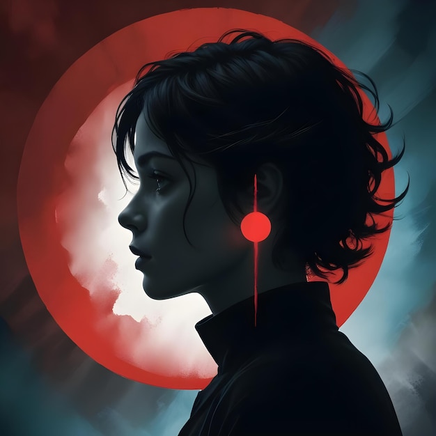 Silhouetted of girl women with red circle backdrop and dark wallpaper creative illustration