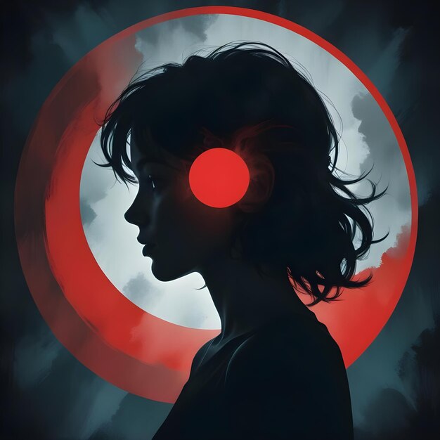 Silhouetted of girl women with red circle backdrop and dark wallpaper creative illustration