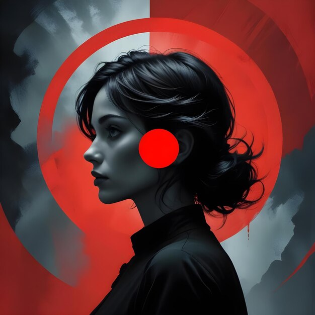 Silhouetted of girl women with red circle backdrop and dark wallpaper creative illustration