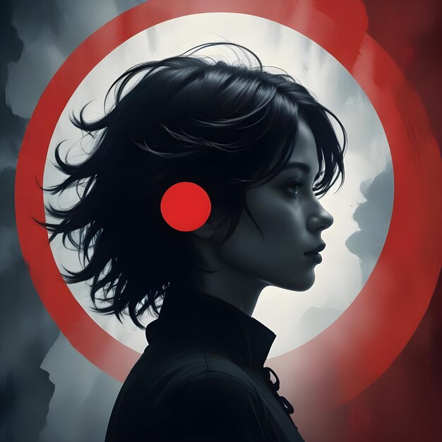 Silhouetted of girl women with red circle backdrop and dark wallpaper creative illustration