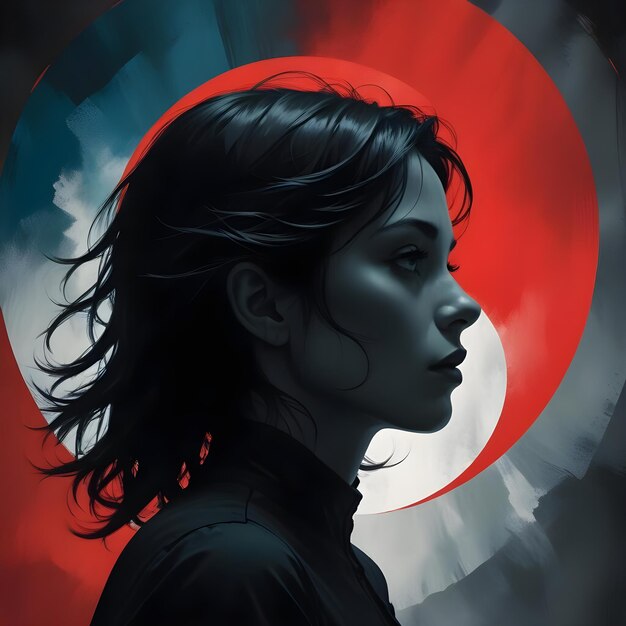 Silhouetted of girl women with red circle backdrop and dark wallpaper creative illustration