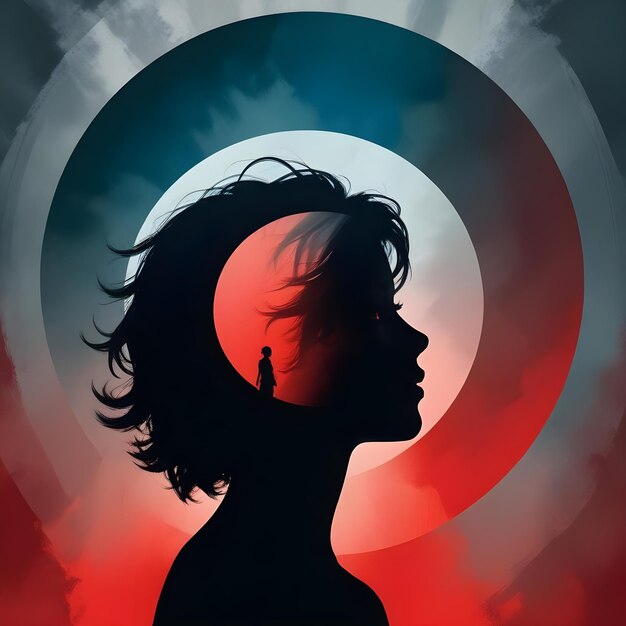 Silhouetted of girl women with red circle backdrop and dark wallpaper creative illustration