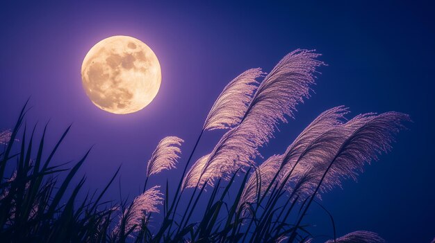 Photo silhouetted grass illuminated by a full moon on a dark blue sky