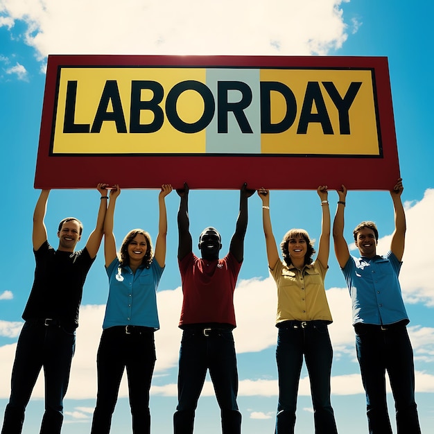 Photo silhouetted group celebrating labor day with colorful sign under a bright blue sky